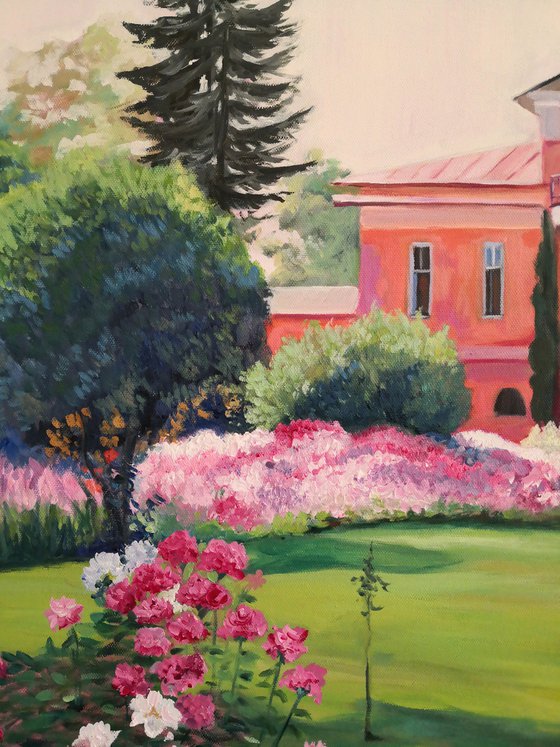 Impressionist landscape with a Manor and a Garden full of roses