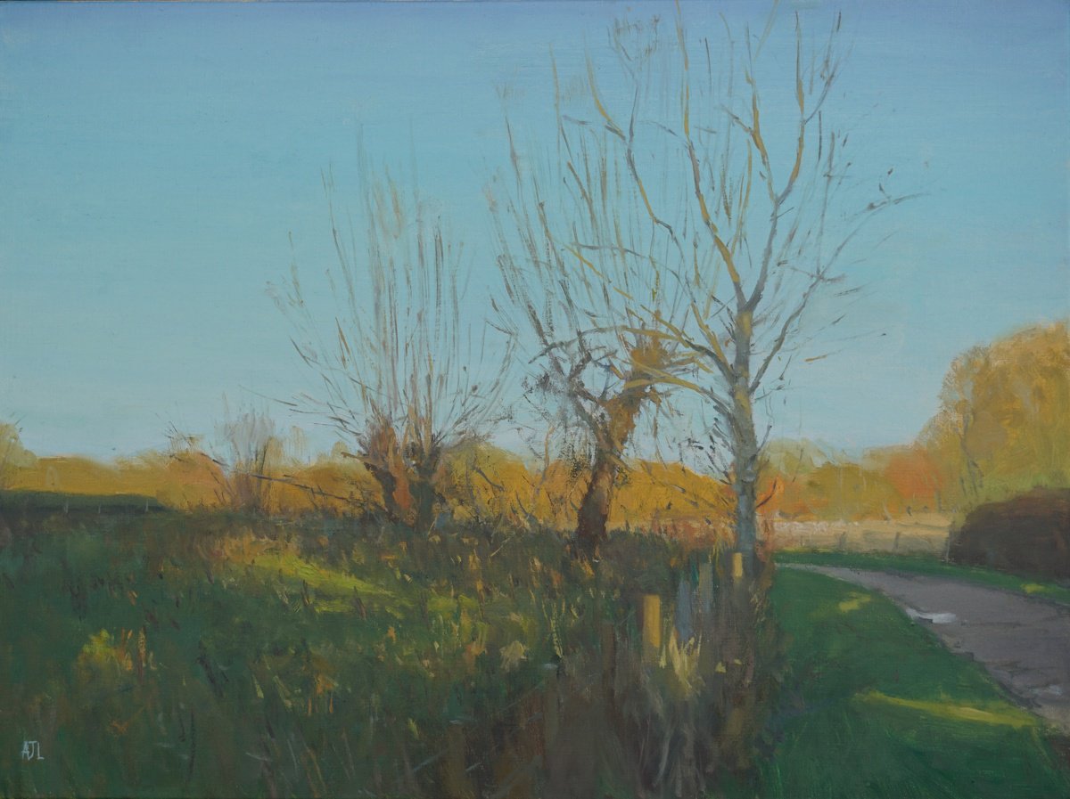 Impressionistic Landscape Oil Painting By Alex James Long, 24 X 18, Autumn, Back Lane, Ducklington, Original Artwork