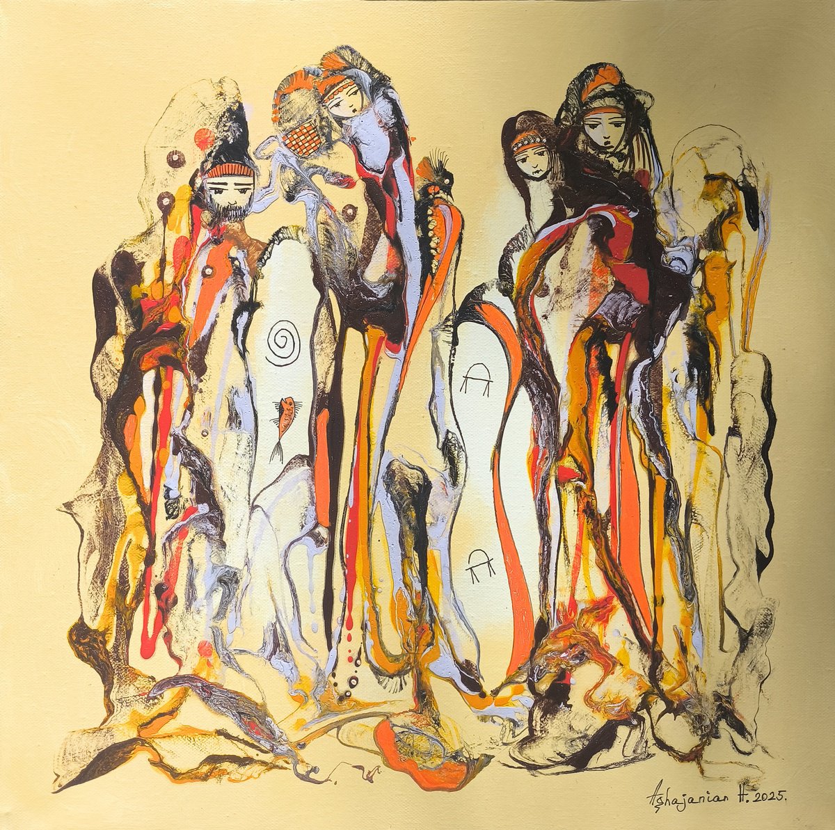 Abstract Portrait Oil Painting By Harutyun Aghajanyan, 20 X 20, Carriers Of Time, Original Artwork