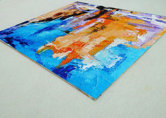 Reflections N 1, Abstract Painting Small Original Art Blue Orange Artwork Multicolor Geometric Wall Art 10 by 10