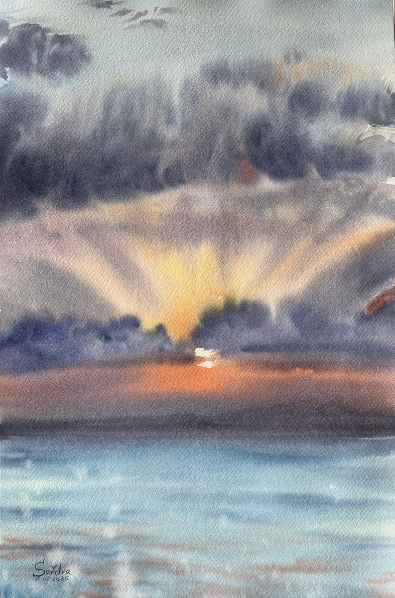 Impressionistic Watercolour , Hopeful Rays Through Dark Clouds By Oleksandra Padushyna, 15 X 22, Artwork For Sale On Artfinder