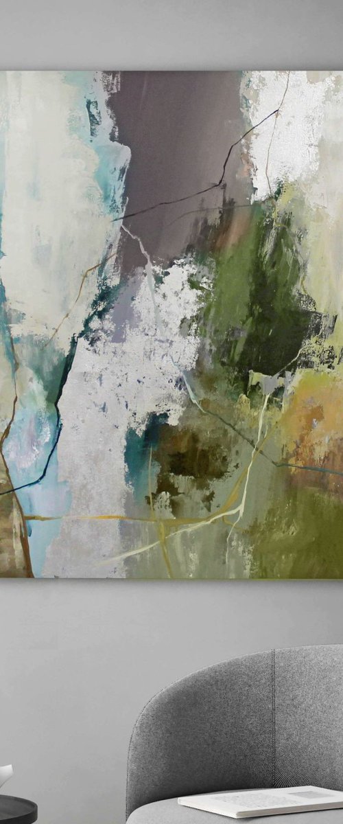 "Olive Hill" Sage green gray abstract art by Yana Sagan