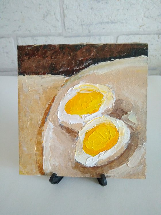 Egg Painting Food Original Art Tiny Kitchen Artwork Impasto Wall Art