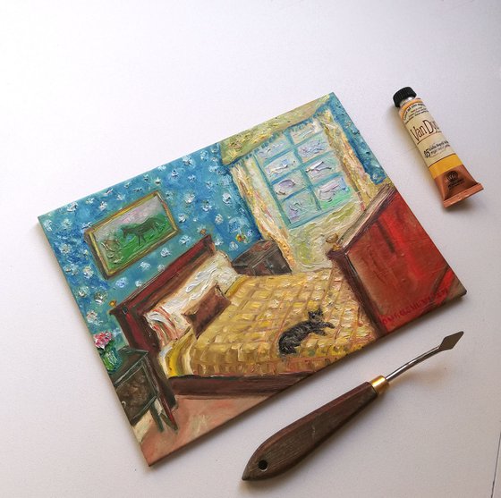 "Cat Lying on Bed" Interior Painting Original Van Gogh Style Oil on Canvas Artwork 7x10"