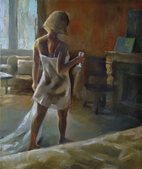 Tender morning 50x60cm ,oil/canvas, impressionistic figure by Kamsar Ohanyan