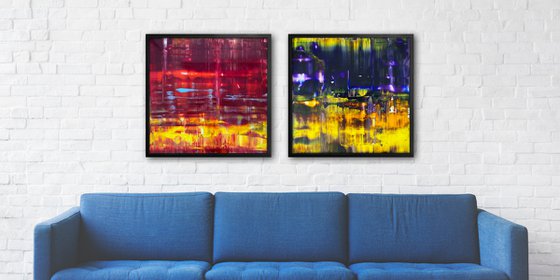 "The Bold And The Beautiful" - Save As A Series - Original PMS Abstract Diptych Oil Paintings On Plexiglass, Framed - 52" x 26"