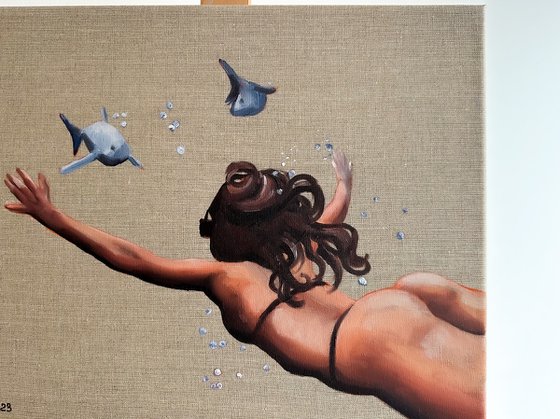 Swimming with Fishes - Woman Underwater Snorkeling Painting