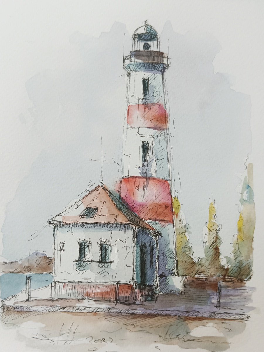 Lighthouse watercolor and ink painting by Marinko �aric