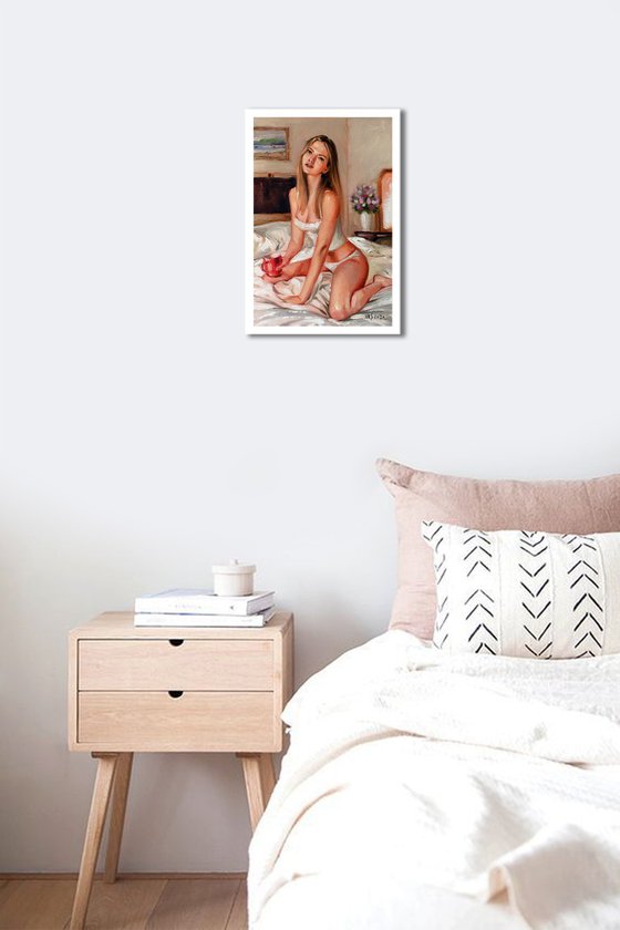MORE COFFEE PLEASE! - Stunning Wall Art: Portrait of a Beautiful Blonde Girl in her bedroom with a cup of coffee - Home Decor at its Finest!