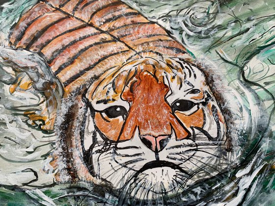 Underwater  Wild Animals Painting for Home Decor, Tiger Portrait Art Decor, Artfinder Gift Ideas