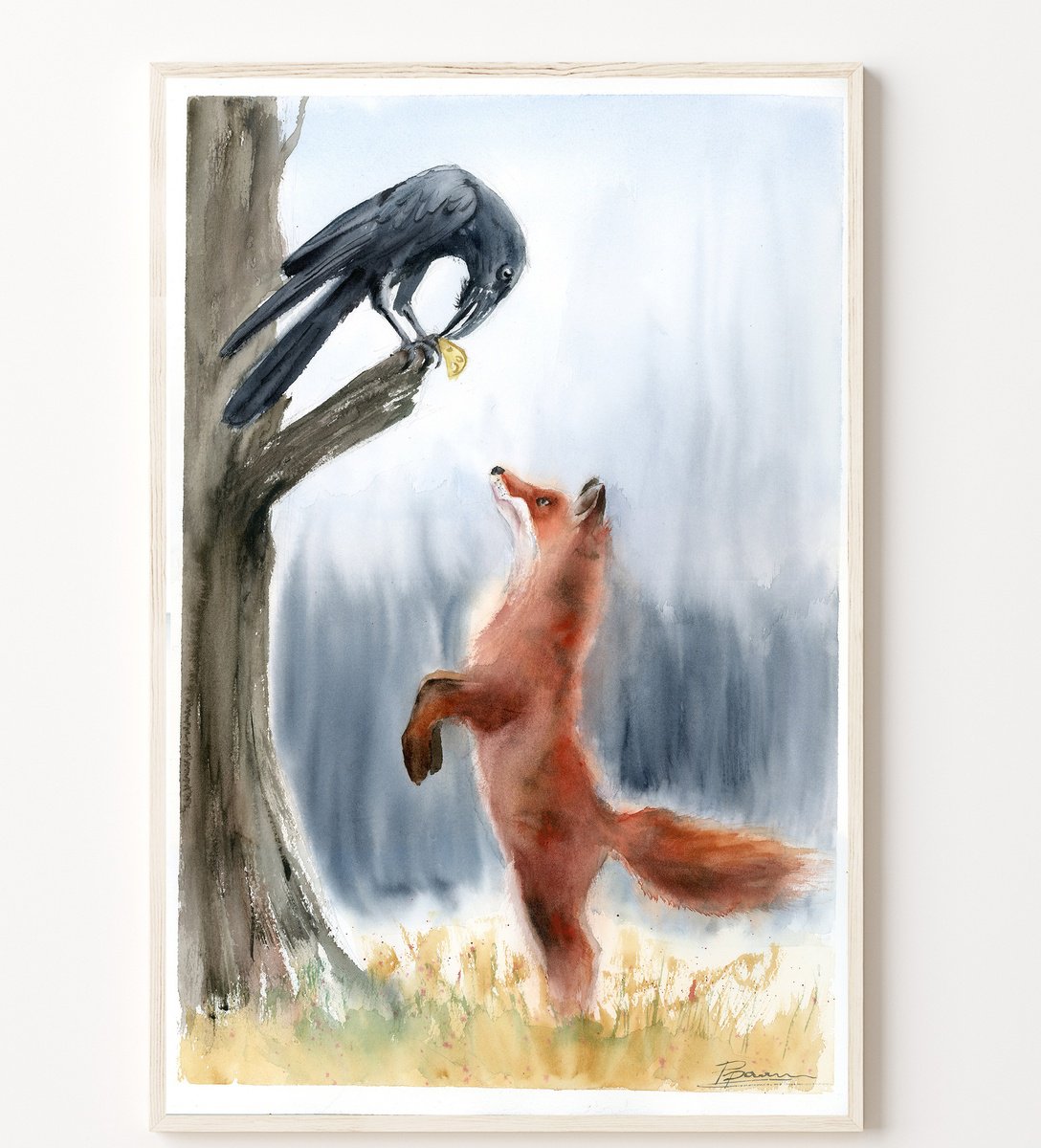 Expressive Animal Watercolour By Olga Tchefranov (Shefranov), 12 X 18", The Fox And The Crow, Original Artwork