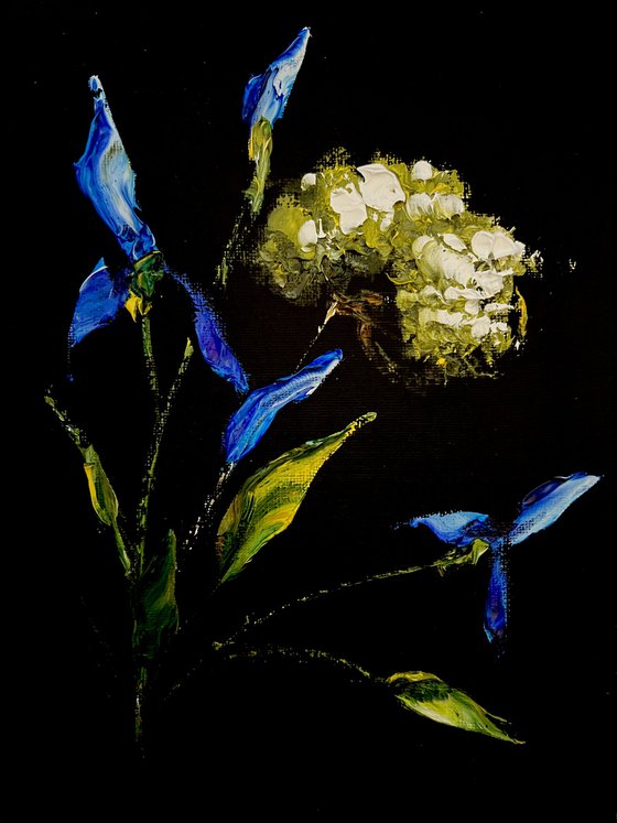 IRISES AND HERBS 3 - Black mini-art landscape. Floral on black.