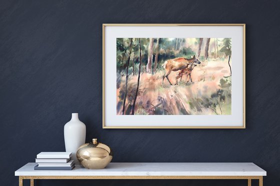 Deer in the forest, Watercolor animals painting