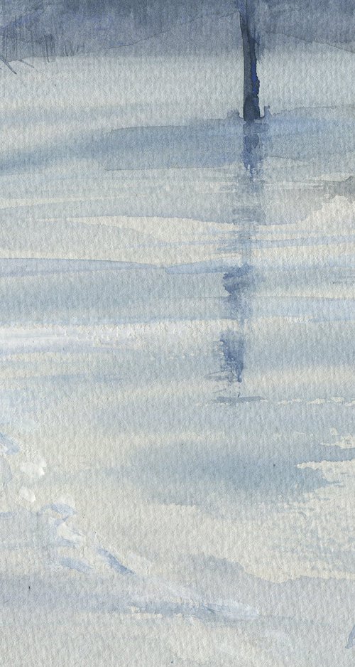 Snow and water. Winter surprise. Watercolor sketch 2 / Landscape painting. Original picture by Olha Malko