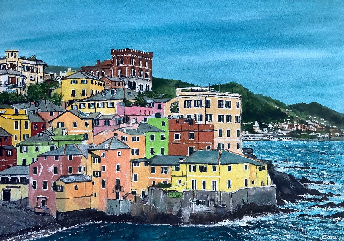 Photorealistic Landscape Watercolour By Darren Carey, 15 X 11, Boccadasse, Genova Italy, Original Artwork