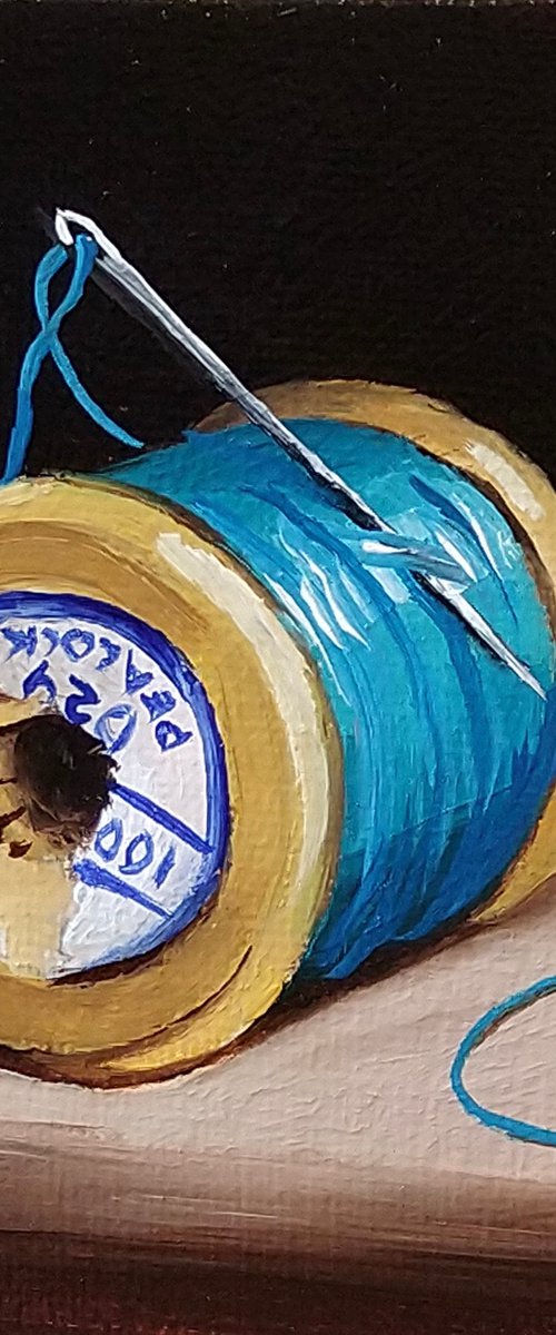 Little blue  cotton reel #3 still life by Jane Palmer Art