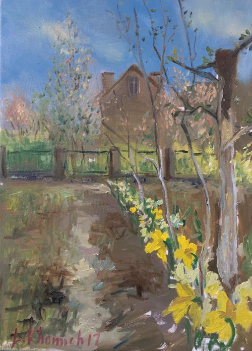Spring Landscape Oil painting, Daffodils in the Garden, original paintings Impresion flowers by Leo Khomich