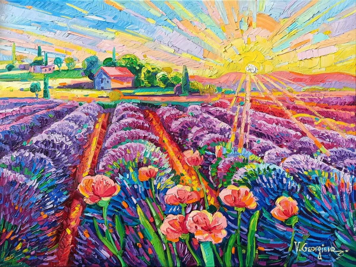 Impressionistic Botanical Oil Painting By Vanya Georgieva, 31 X 24", Tender Sunset On Lavender, Original Artwork