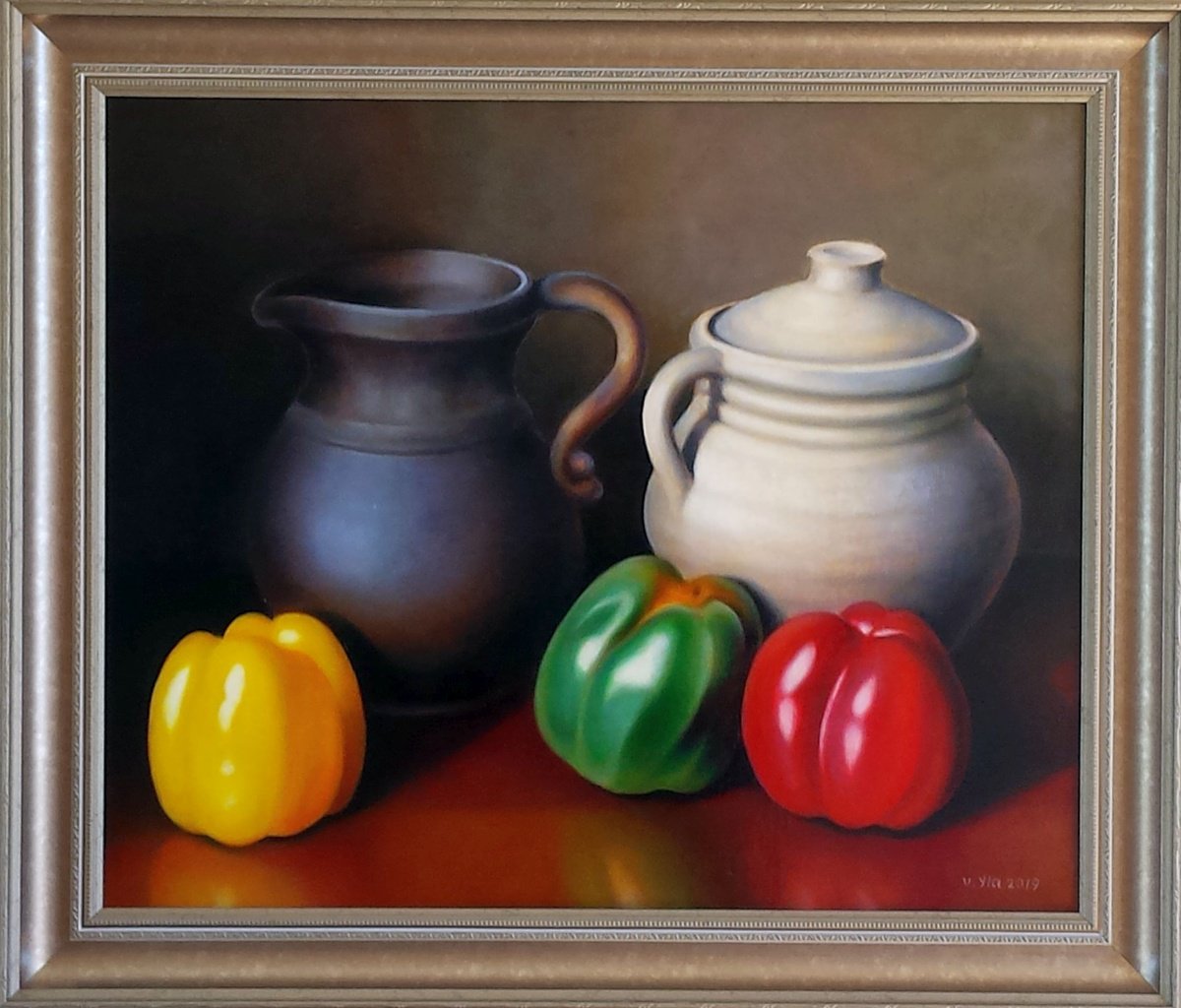 Peppers and pottery by Valentinas Yla
