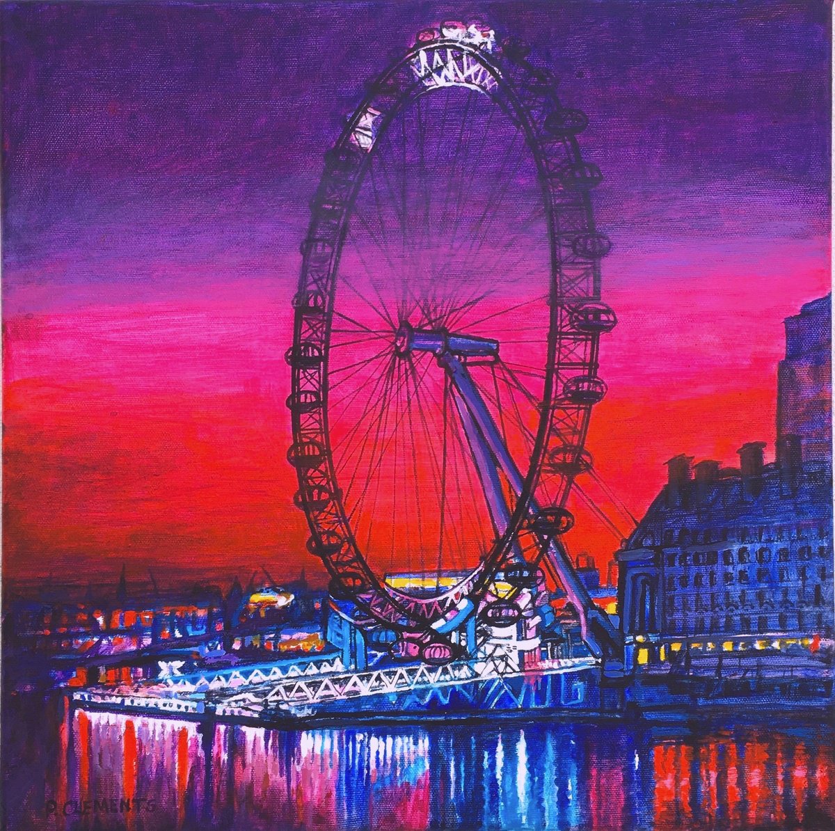 Impressionistic Cityscapes Giclee Print By Patricia Clements, 16 X 16", The Wheel Or London Eye View, Original Artwork