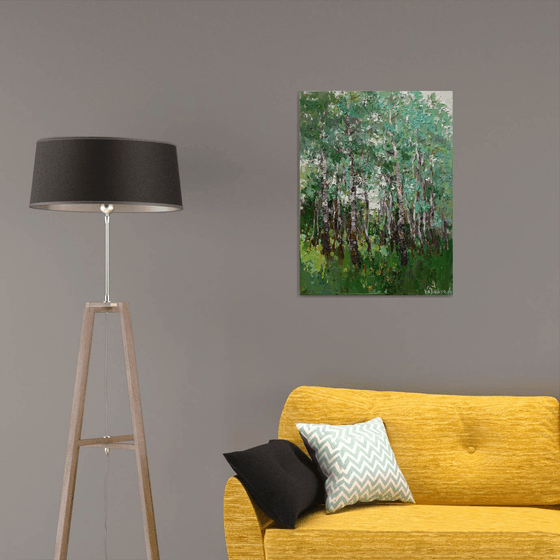 Spring birch forest Original oil painting