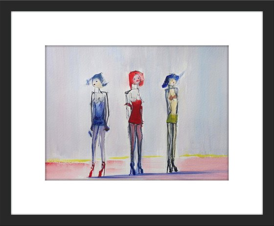 GIRLS EUROPEAN TEEN FASHION HIGH HEEL MODELS. Original Female Figurative Watercolour Painting.