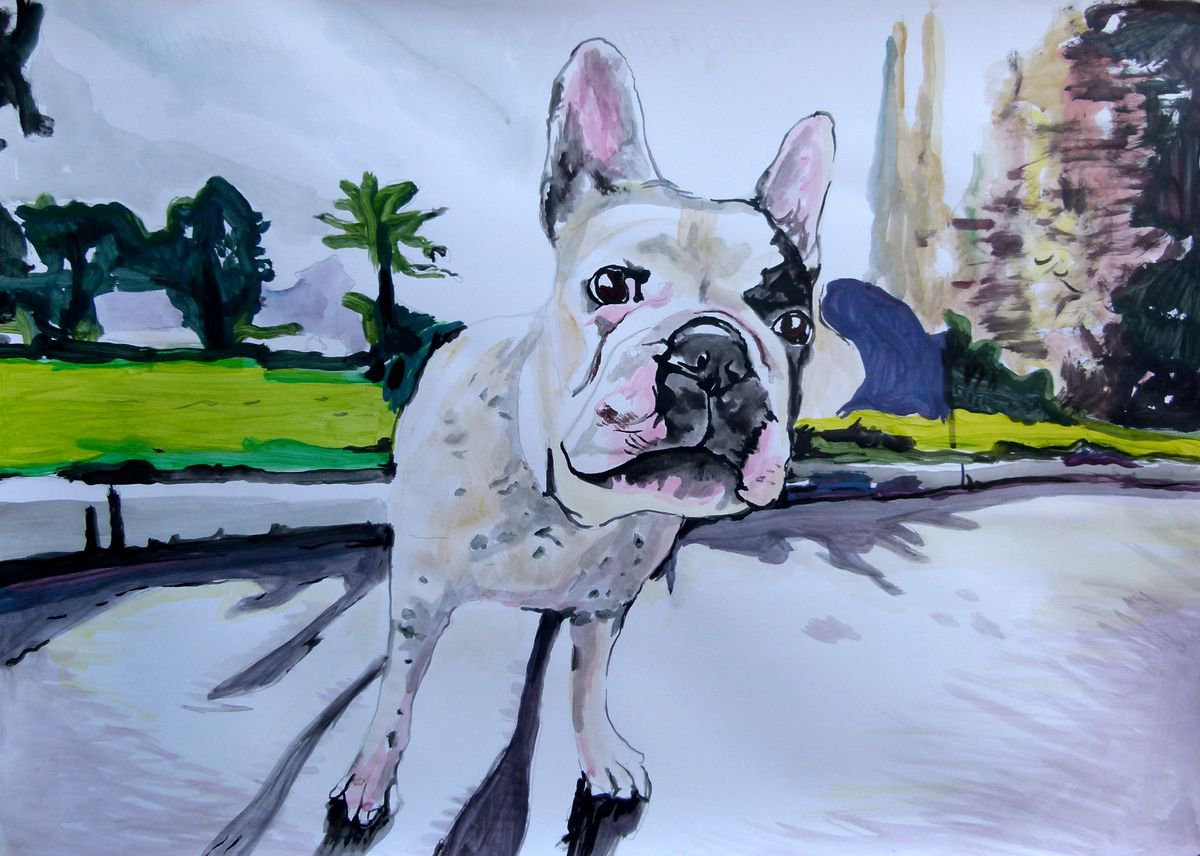 Impressionistic Animal Acrylic Painting By Soso Kumsiashvili, 33 X 24", Bulldog, Original Artwork