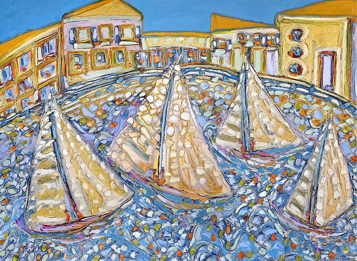 Naive Landscape Oil Painting By Ann Parks Mccray, 40 X 30, Under A Blue Sky, Original Artwork