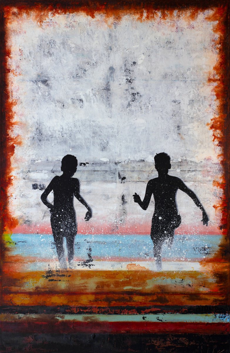 Urban And Pop Landscape Painting By Db Waterman, 33 X 51, Pink Horizon, Original Artwork