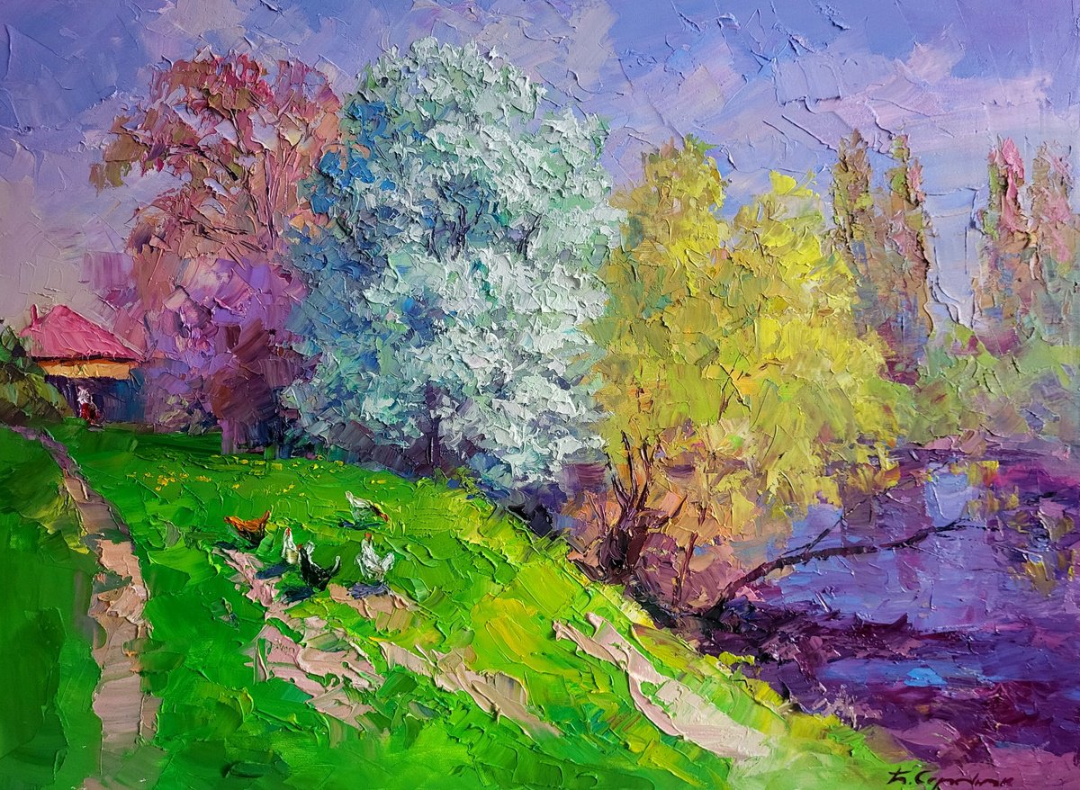 Impressionistic Landscape Oil Painting By Boris Serdyuk, 30 X 22, Spring Has Come, Original Artwork
