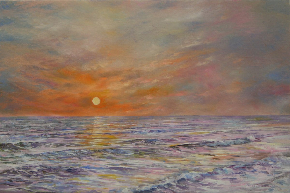 Expressive Landscape Oil Painting By Peter Goodhall, 20 X 14", Sunset Surf, Original Artwork