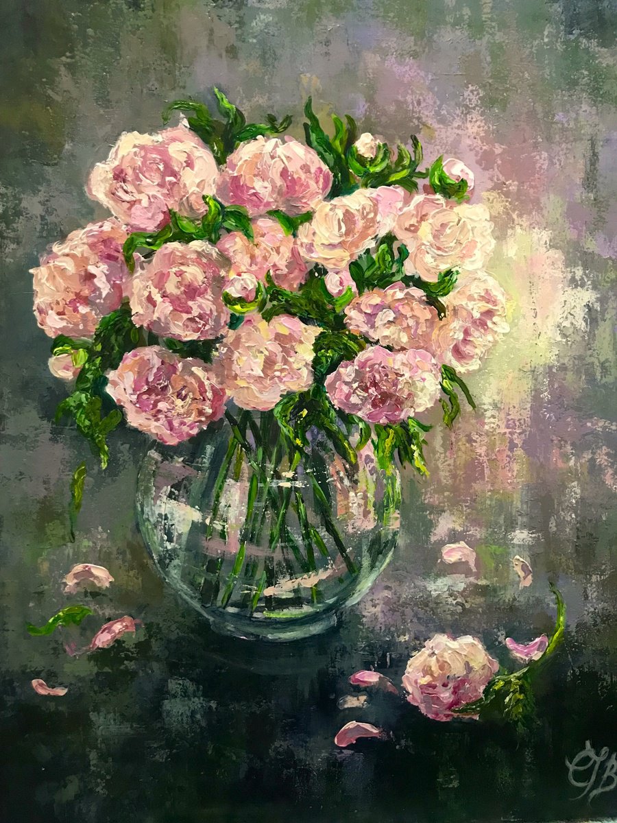 Impressionistic Botanical Acrylic Painting By Colette Baumback, 24 X 30, Pink Peonies, Original Artwork