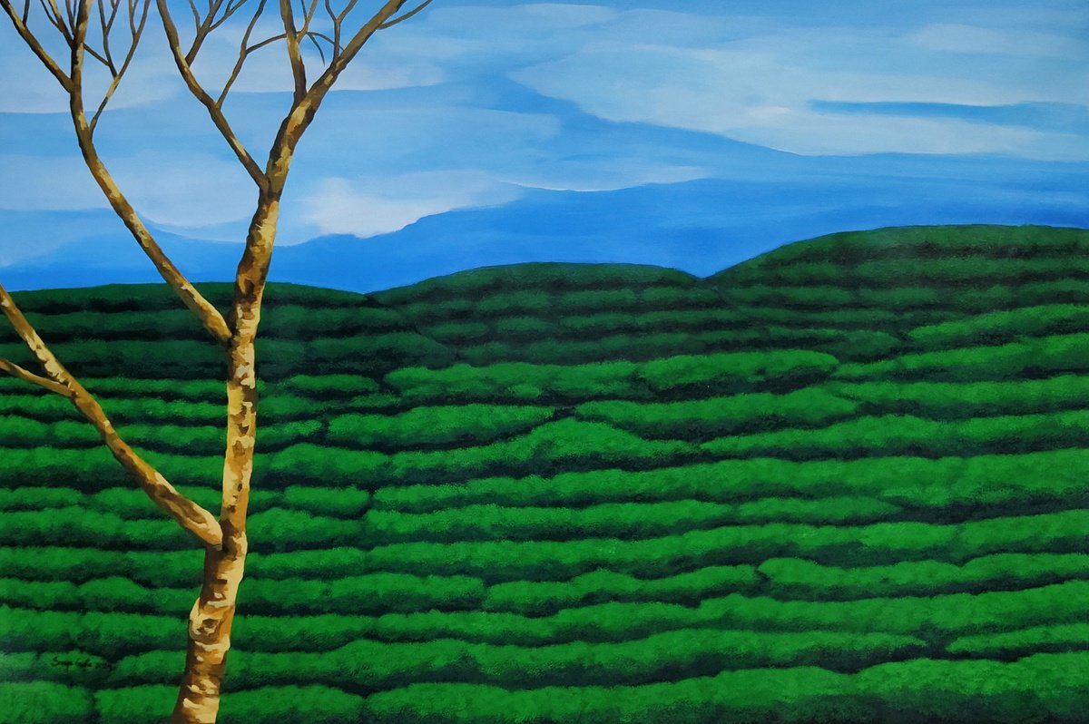 Photorealistic Landscape Acrylic Painting By Sreya Gupta, 54 X 36", Tea Gardens Of Assam Iii, Original Artwork