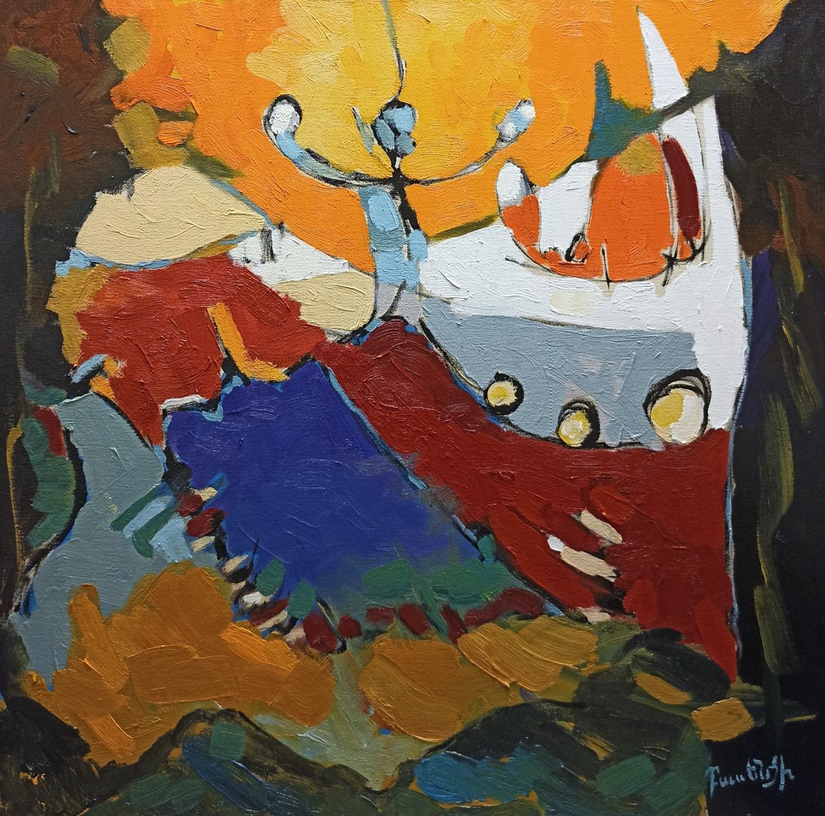 Abstract Portrait Oil Painting By Artyom Basenci, 28 X 28, Dance (70X70Cm, Oil Painting, Ready To Hang), Original Artwork