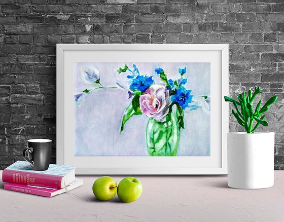 Lilac bouquet, Pink Roses Painting Original Art Forget-me-not Artwork Floral Wall Art Flower Bouquet