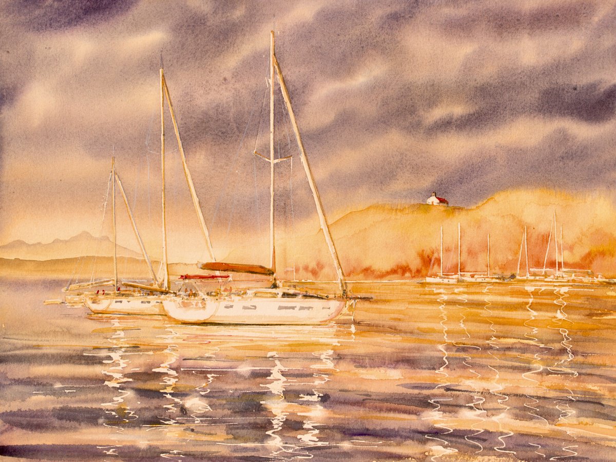 Impressionistic Landscape Watercolour By Eve Mazur, 16 X 12, The Golden Hour, Original Artwork