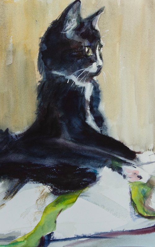 Сat with a green ribbon by Irina Bibik-Chkolian
