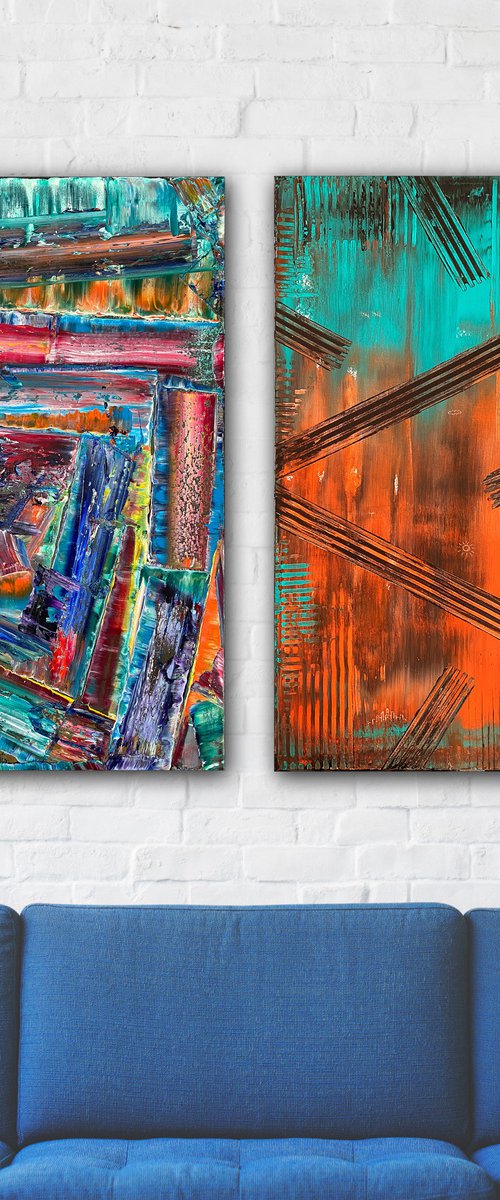 "We Go Together Like Oil and Acrylic" - Save As A Series - Original PMS Abstract Diptych Oil and Acrylic Paintings On Canvas - 36" x 36" by Preston M. Smith (PMS)