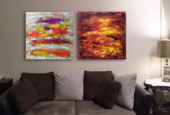 "Emotionally Charged" - Save As Series - Original Large PMS Abstract Diptych Acrylic Paintings On Canvas - 60" x 30"