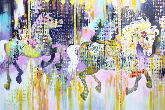 The gallopers (large expressive contemporary painting with carousel horses, kitsch art)