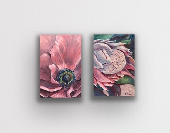 115 Set of 2 Flower oil artworks, Pink flower, Pink Gallery wall art, Original oil art on canvas, Floral Wall Decor