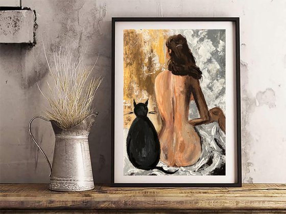 Nude Painting Woman Original Art Black Cat Acrylic Impasto Artwork Dali Home Wall Art 12 by 17" by Halyna Kirichenko