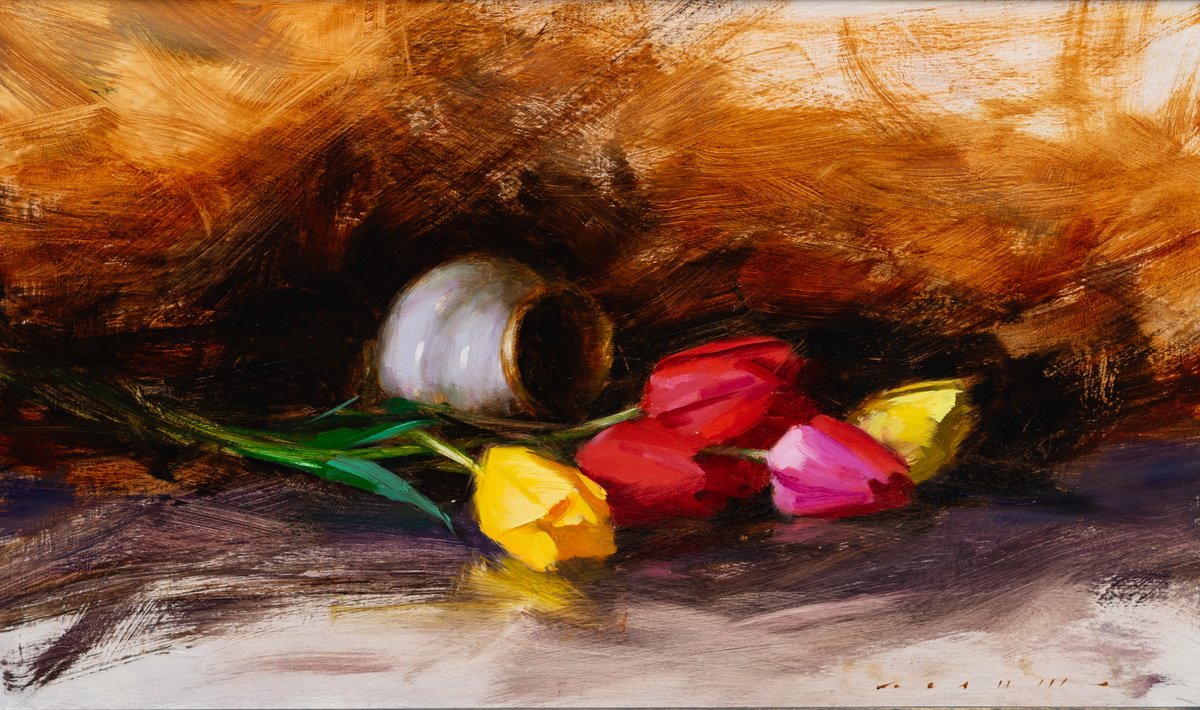 Impressionistic Botanical Oil Painting By Rostyslav Malysh, 20 X 12", Tulips, Original Artwork