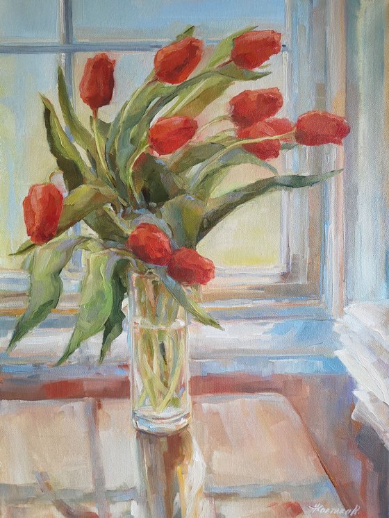 "Tulips", original one-of-a-kind, oil on canvas impressionistic style still life painting (18x24'')