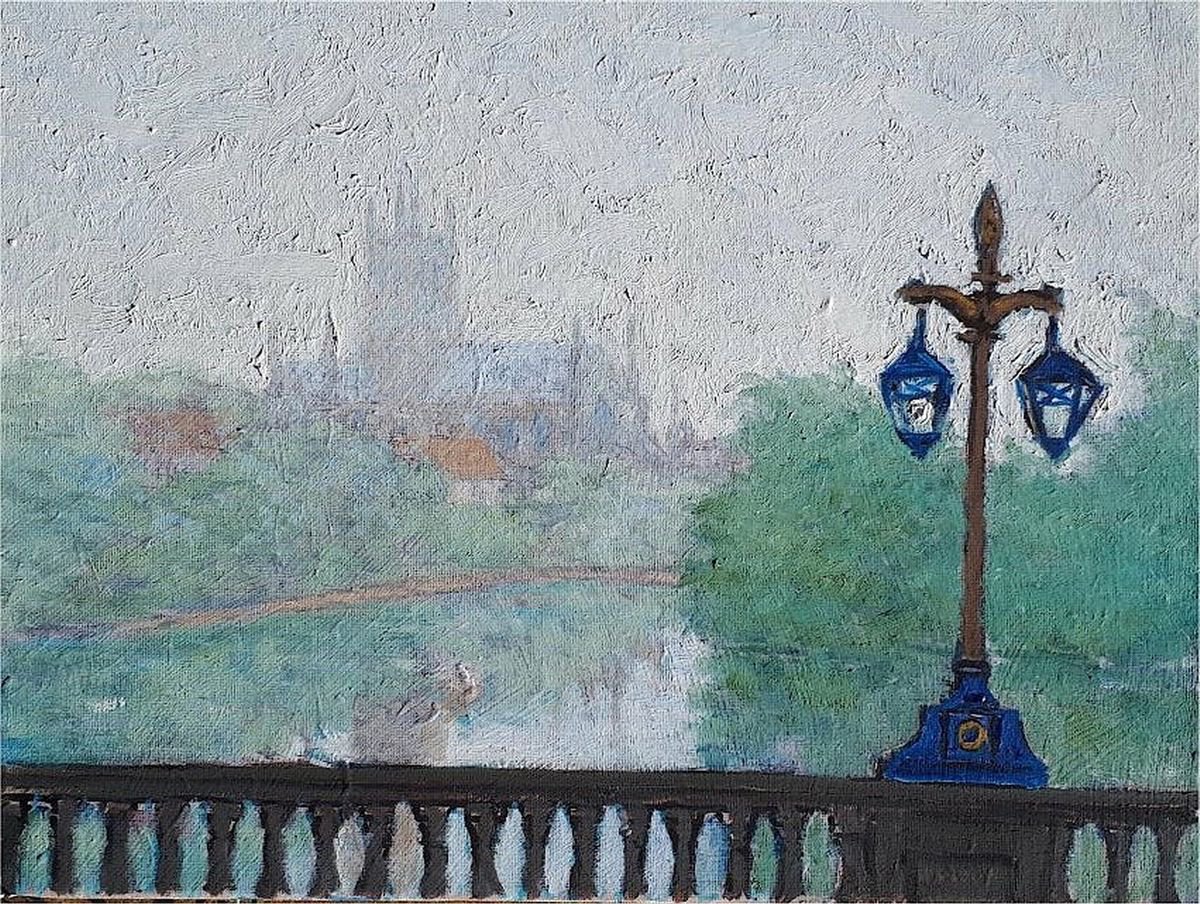 Cityscapes Oil Painting By Colin Ross Jack, 16 X 12, Worcester Cathedral : Mist, Original Artwork