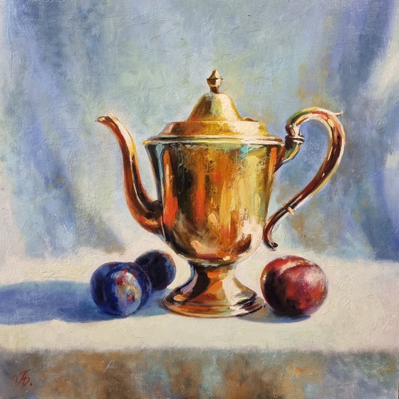 "Teapot and plums. "   still life  liGHt original painting  GIFT (2022)