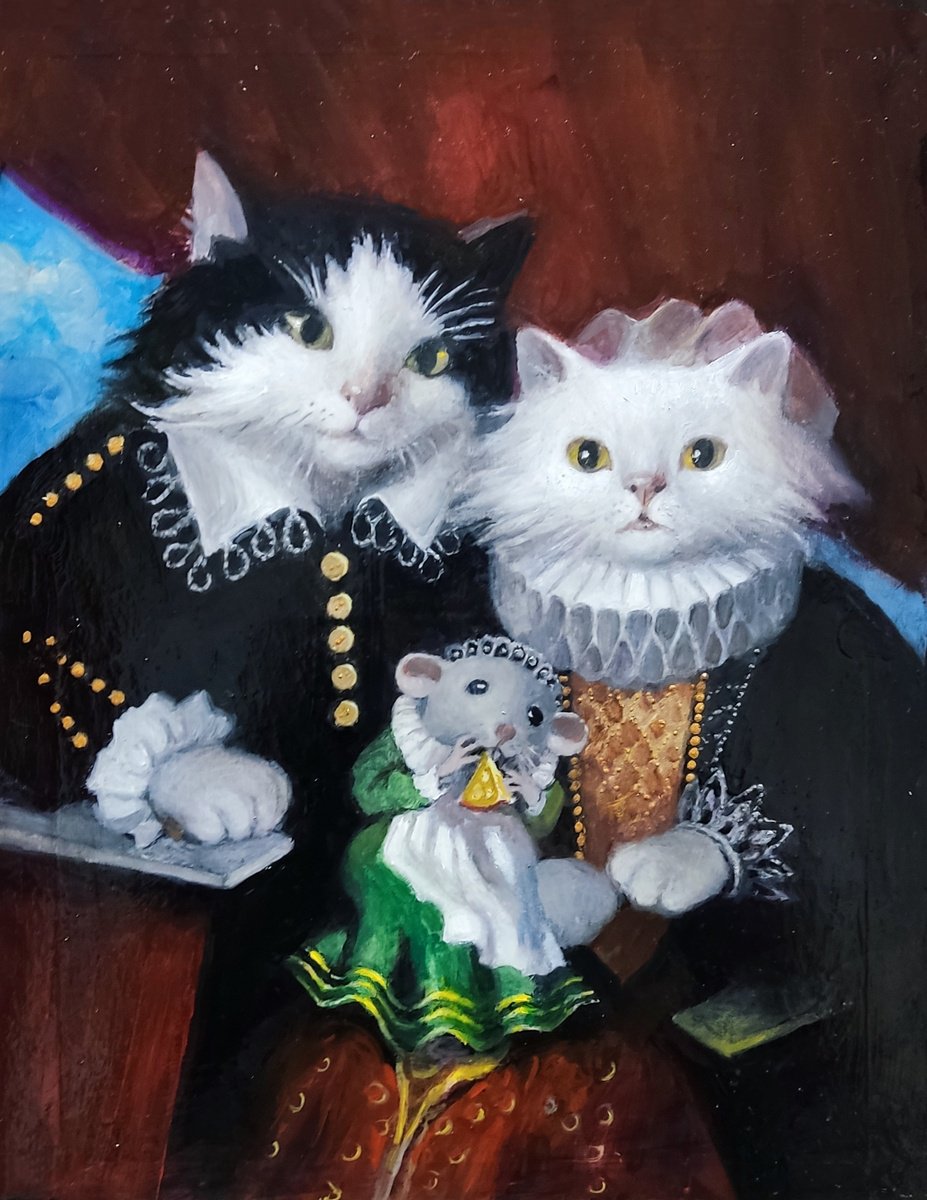 Photorealistic Oil Painting , Childless Cats Family Adopted A Rat By Helinda (Olga Muller), 9 X 12, Artwork For Sale On Artfinder