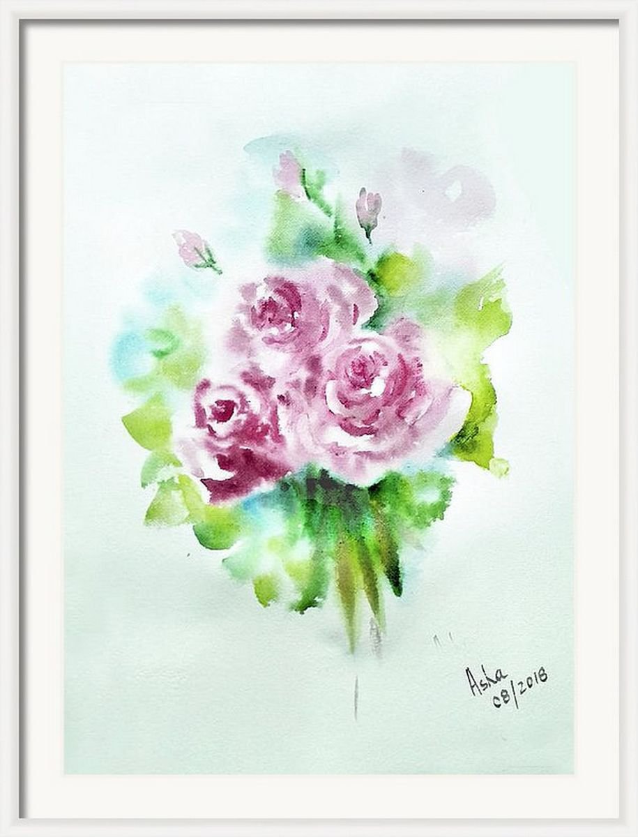 Baby pink Watercolor Roses Flowers Floral painting- 10.25x 14 by Asha Shenoy