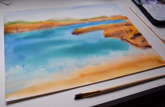 Sea Watercolour Painting, Coastal Original Art, Cyprus Landscape Wall Art