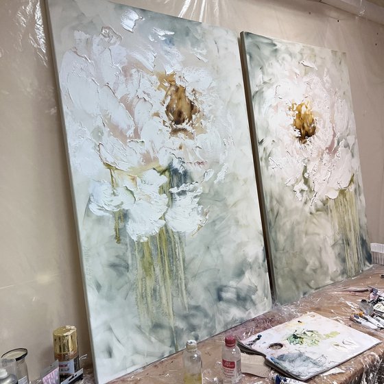 80х120cm - texture flowers art, light abstract peony. Tender than tenderness.